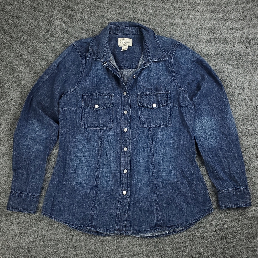 GH Bass Denim Western Jean Shirt Womens Small Pearl Snap Distressed Ranch Rodeo